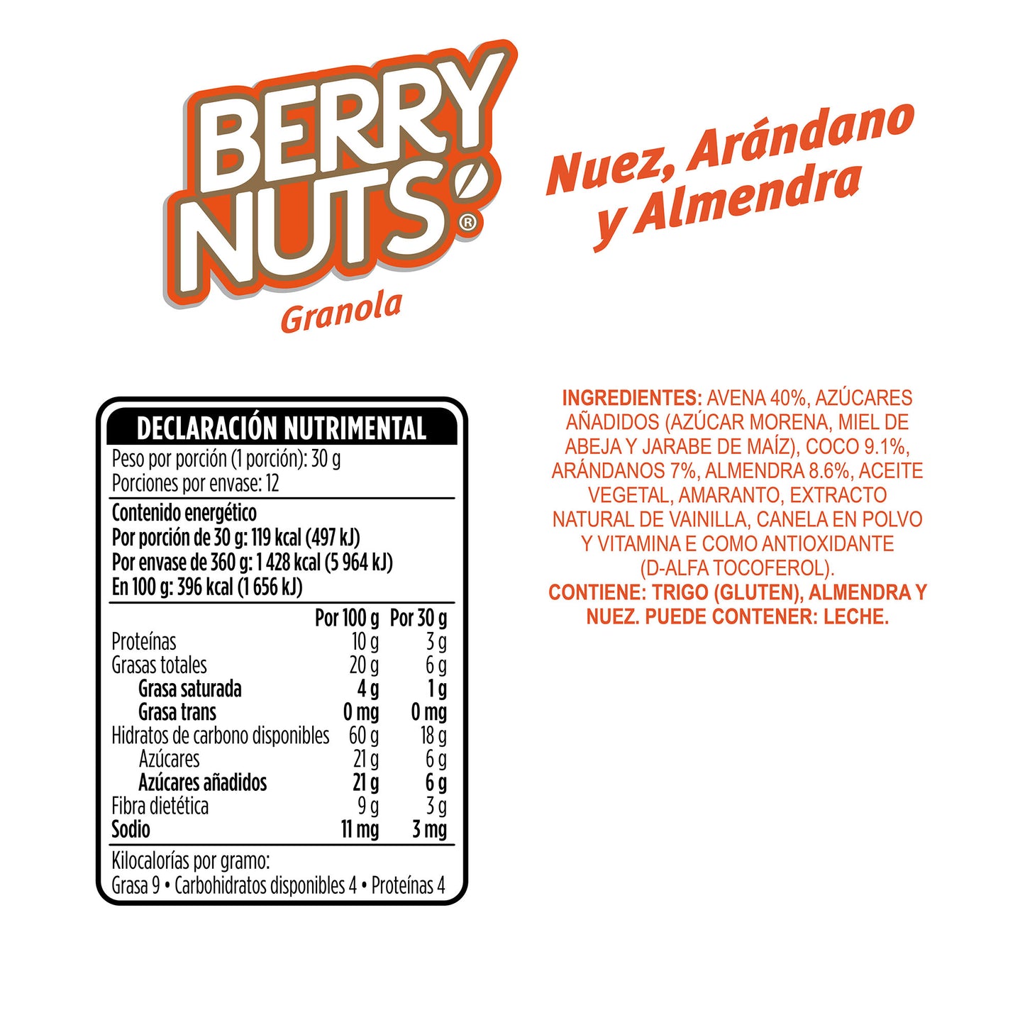Granola Berry Nuts® Nuez, Arándano y Almendra de 360g