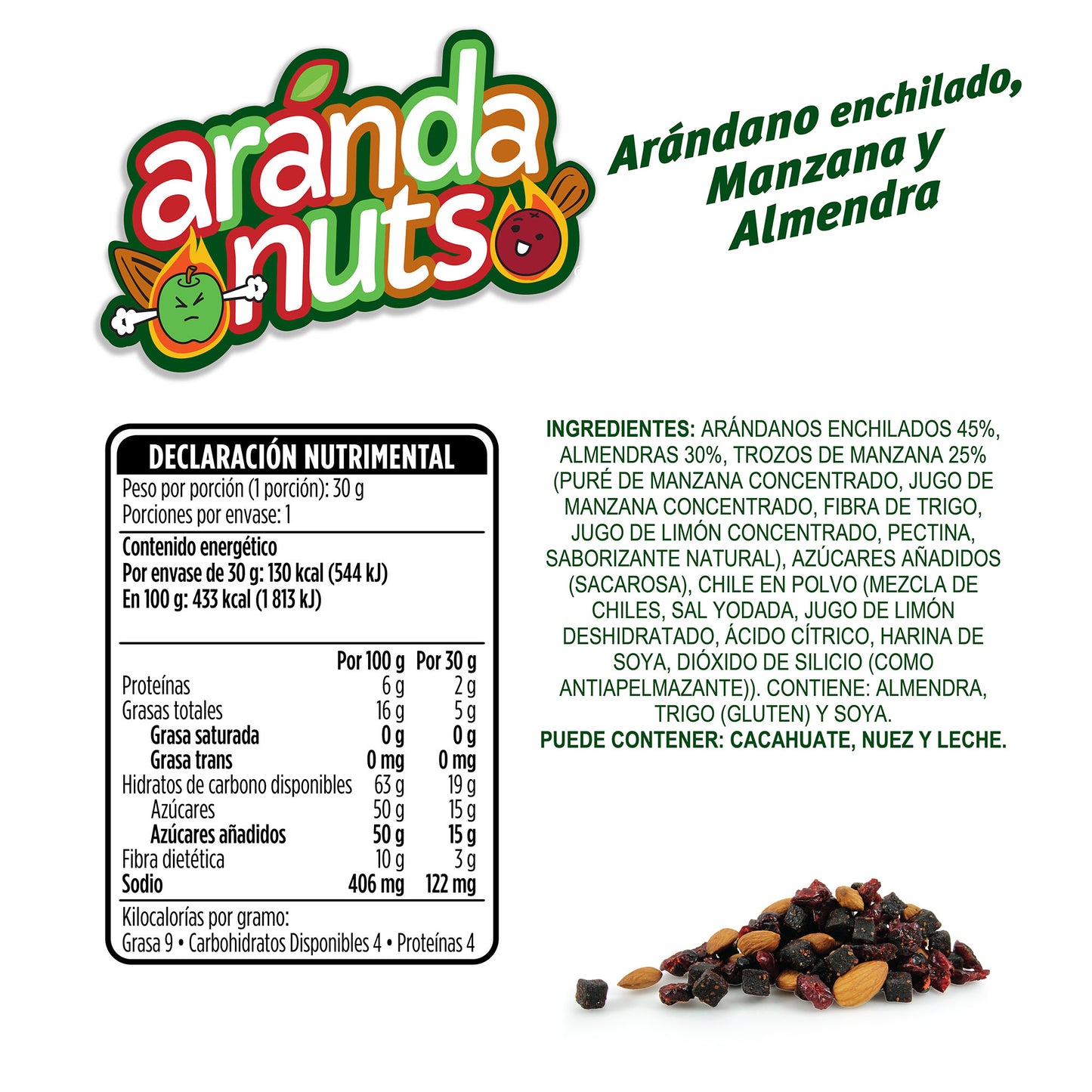Bolsita Arándanuts® Arándanos Enchilados, Manzana Enchilada y Almendras de 25g