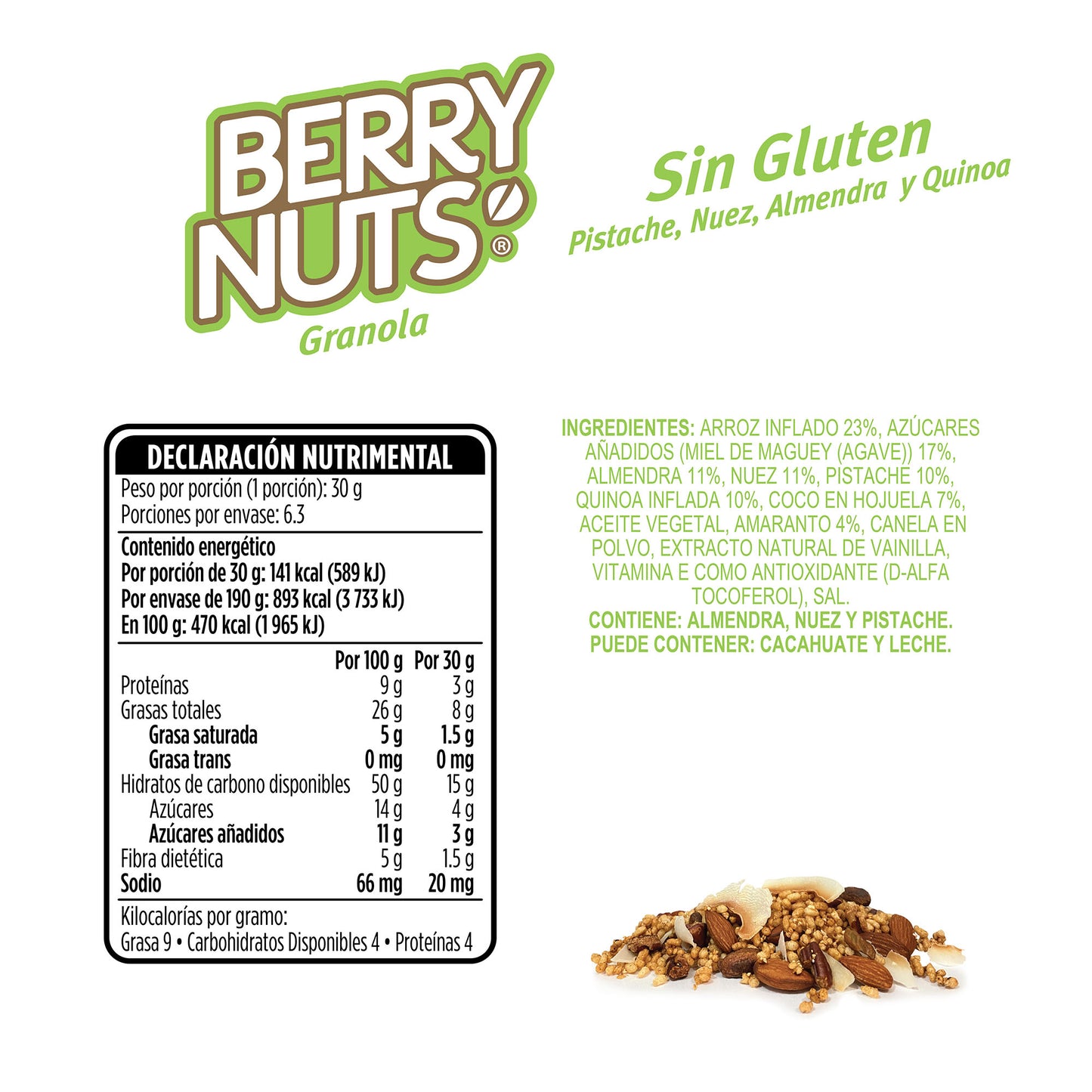 Cereal de Granola Berry Nuts® Sin Gluten con Mix de Nuez, Pistache y Quinoa